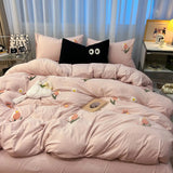 elvesmall Ins Solid Pink Tulip Bedding Set Embroidery Duvet Cover Soft Queen Full Twin Size Bed Flat Sheet Quilt Cover Pillowcase Kawaii