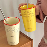 elvesmall Luxury Korean Coffee Cup With Straw Aesthetic Ceramic Mug For Tea Milk Water Juice Mocha Lover Breakfast Cup Birthday Gift 450ml