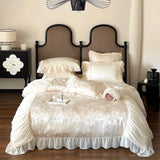 elvesmall High End Egyptian Cotton Bedding Sets Luxury Beige Jacquard Satin Duvet Cover Bed Sheet Pillowcases Chiffon Lace Quilt Cover