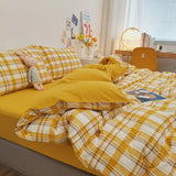 elvesmall  3/4Pcs Skin Friendly Microfiber Duvet Cover Set, Washed Cotton Craft, Double Queen King Plaid Bed Cover Bed Linen Bedding Set