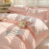 elvesmall Seersucker Bedding Set Duvet Cover Flat Sheets Pillowcase Bed Sheet Set Soft Comforter Cover Bed Linens Set Nordic Ins Style