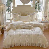 elvesmall  1200TC Egyptian Cotton Luxury Princess Wedding Bedding Set Flowers Embroidery Lace Ruffles Duvet Cover Set Bed Sheet Pillowcases