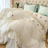 elvesmall French Romantic Lace Bubble Gauze Bedding Set Queen Elegant Princess Style Embroidered Duvet Cover Set Ruffled Quilt Cover Sets