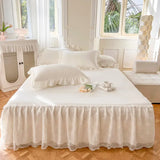 elvesmall Solid Color Bed Skirt & Pillowcase Washed Cotton Wrap Around Bedskirt with Embroidered Lace White Pleated Dust Ruffle Bed Sheet
