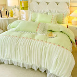 elvesmall Light Luxury French Four-piece Bedding Set Washed Cotton High-grade Fairy Bed Cover Bed Solid Color Bed Sheet Quilt Cover