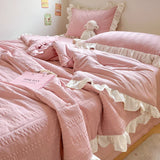 elvesmall 1/3Pc Pink Korean Style Princess Lace Ruffles Soft Seersucker Summer Quilt Single Double Queen Quilted Summer Comforter Blanket