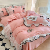 elvesmall  Korean Princess Bedding Set Washed Cotton Bed Cover Girl Heart Pure Color Lace Bow Quilt Coverflat Sheet Decor Home Textiles