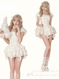 srczz  -  Japanese Sweet Lolita Skirt Suits Women Causal Sweet French Tops + Elegant Cute Mini Cake Skirts Summer 2024 2 Piece Skirt Set