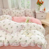 elvesmall French Golden Sunflower Floral Lace Seersucker Bedding Set Washed Cotton Four-piece Set Student Bed Sheet Three-piece Set