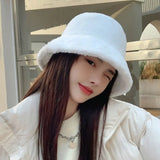 elvesmall Women Winter Outdoor Vacation Lady Panama Thickened Soft Warm Fishing Cap Faux Fur Rabbit Bucket Hat