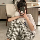 elvesmall Korean Style Pajamas Pants for Women Sleep Plaid Sleepwear Summer Ankle Length Bottoms Home Room Elastic Waist Sleeping Wear New
