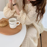 elvesmall Polka Dot Nightgown Sleepwear Women Korean Ruffles Night Dress Spring One Piece Pajamas Long Sleeve O-neck Home Wear New