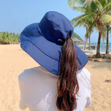 elvesmall Women's Summer Hat for The Sun Wide Brim UV Neck Protection Solar Beach Bucket Hats Foldable Ponytail Travel Panama Caps Female