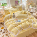 elvesmall  Kawaii Korean Bedding Sets No Filling Ins Princess Style Lace Bow Duvet Cover Fitted Sheet Girl Woman Home Bedroom Bed Linens