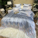 elvesmall  Luxury Hotel Wedding Bedding Set Bed Linen Duvet Cover Sets With Embroidery 600 Thread Long Staple Cotton Blue Princess 3/4 PCS