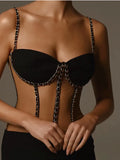 srczz Chic Women Luxury Sexy Sleeveless Mesh Chain Black Bodycon Bandage Jumpsuit 2024 Celebrity Designer High Street Rompers