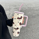elvesmall 1200ml Kawaii Puppy Thermos Mug Tumbler For Ice Coffee Water Tea Large Cute Stainless Steel Car Thermal Cups With Straw Handle