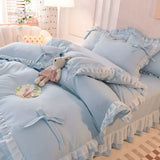 elvesmall Green Bedding Sets Kawaii Seersucker Bed Sheet Pillowcase Fashion Girl Princess Duvet Cover 4 Pieces Cute Home Decoration