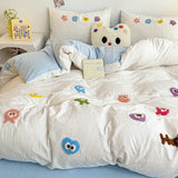 elvesmall 3pcs Kawaii Little Solid Color Monster Bedding Set Korean Washed Cotton Pillowcase Twin Full Duvet Cover No Filling Home Decora