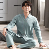 elvesmall  Men Pajamas Suit Long sleeved Pure Cotton Simple Casual Cardigan V-neck Homewear Set All Plus Size Breathable Autumn Sleepwear