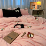 elvesmall Ins Solid Pink Tulip Bedding Set Embroidery Duvet Cover Soft Queen Full Twin Size Bed Flat Sheet Quilt Cover Pillowcase Kawaii