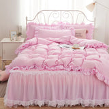 elvesmall  Princess Girl Pink Bedding Skirt Sheet With Lace Korean Solid Color Bed Cover Pillowcase Decor Bedroom Wedding Couple Bedclothes