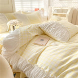 elvesmall Korean Style Princess Bedding Set Luxury Pink Lattice Duvet Cover Ruffles Lace Bedspread Bed Sheet Pillowcases