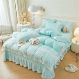 elvesmall Korean Luxury Lace Ruffles Bedding Set Skin-Friendly Washed Cotton Princess Style Duvet Cover Bed Sheet Pillowcase Home Textiles