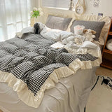 elvesmall Ruffled Pink Blue Duvet Cover Set Twin Queen Washed Microfiber Ultra Soft Bedding set Grid Duvet Cover Bed Sheet 2 Pillowcases
