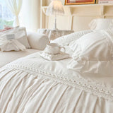 elvesmall  Pearl Lace Decorate Bedding Sets Luxury Snow White Egyptian Cotton Princess Wedding Pleated Duvet Cover Bed Sheet Pillowcases