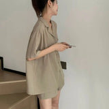 elvesmall  Women Pajamas Sets for Home Summer Solid Sleepwear Shorts Sleeve Turn Down Collar 2 Pieces Night Wears Korean Home Suit New