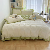 elvesmall Garment Washed Cotton Duvet Cover Set for Boys Girls Sage Matcha Green Bedding Sheets Ruffle Bed Skirt Queen Size Linens King