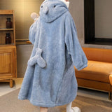 elvesmall  Shark Robe for Women Sleepwear Nightdress Winter Night Wears Warm Fleece Pajama One Piece Nightgown Button Long Sleeve Homewear