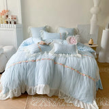 elvesmall  France Romantic Princess Bedding Set Yellow Chiffon Lace Flowers Embroidery Quilt Cover Bed Sheet Pillowcases Home Textile