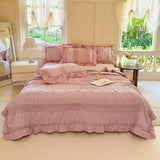 elvesmall Pink Ruffle Comforter Bed Sheet Pillowcases Queen Size Lightweight Fluffy Farmhouse White Ruffle Bedding Set Soft Microfiber