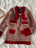 srczz  - Autumn Elegant Tweed Plaid Skirt Sets Women Sweet Chic Pearl Bow Woolen Jackets Mini Skirts Suit Korean Female Outfits