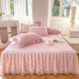 elvesmall Solid Color Bed Skirt & Pillowcase Washed Cotton Wrap Around Bedskirt with Embroidered Lace White Pleated Dust Ruffle Bed Sheet