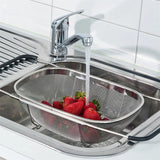 elvesmall Retractable Drain Basket Rubber Grip Handles Oval Colander Sink Vegetables Draining Rack Home Storage Basket Stainless Steel