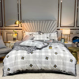 elvesmall Euro Gray Grid Flower Bedding Set Pure Cotton Geometric Stripes Floral Duvet Cover Bed Linen Calico Comforter Queen King Bed Set