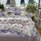 elvesmall Korean Bow Bedding Set Princess Ruffle Lace Girls Duvet Cover No Filling Flat Sheet Pillowcases Floral Quilt Cover Bed Linens