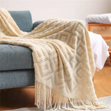 elvesmall Textile City-Diamond-Shaped Cashmere Blanket, Sofa Blanket, Thickened, Knitting Tassels, Office Nap, Jacquard DIY Towel, Winter