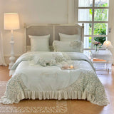 elvesmall High End Chiffon Lace Flowers Bedding Sets Egyptian Cotton Beige Bow Embroidery Princess Duvet Cover Bed Sheet Pillowcases