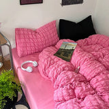 elvesmall Duvet Set Korean Princess Pink Seersucker Bedding Kawaii  Duvet Cover Solid Color Queen Size Double Sheets Sets For Girls