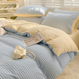 elvesmall Seersucker Bedding Set Duvet Cover Flat Sheets Pillowcase Bed Sheet Set Soft Comforter Cover Bed Linens Set Nordic Ins Style