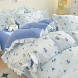 elvesmall Fresh Floral Duvet Cover Set No Filler Lace Ruffles Bedding Washed Cotton Bed Linens Flat Sheet Pillowcase for Girls 200x230cm