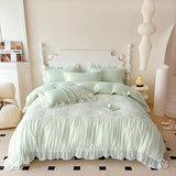 elvesmall Korean Princess Bedding Set Hollow Lace Patchwork Solid Color Lace Ruffle Duver Cover Set Luxury Girls Wedding Home Textiles