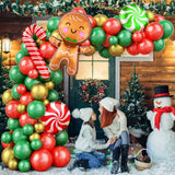elvesmall Christmas Balloon Garland Arch Chain Set Red Green Gold Candy Balloons with Gingerbread Man Candy Cane and Lollipop Decorations