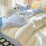 elvesmall INS Grid Duvet Cover Set with Bedsheet Pillowcase Lattice Stripe Quilt Cover Washed Cotton Beddings Adults Kids Bed Linens