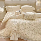 elvesmall Elegant French Style Floral Lace Ruffles Embroidery Princess Wedding 100% Cotton Bedding Set Duvet Cover Bed Sheet Pillowcases