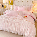 elvesmall Light Luxury French Four-piece Bedding Set Washed Cotton High-grade Fairy Bed Cover Bed Solid Color Bed Sheet Quilt Cover